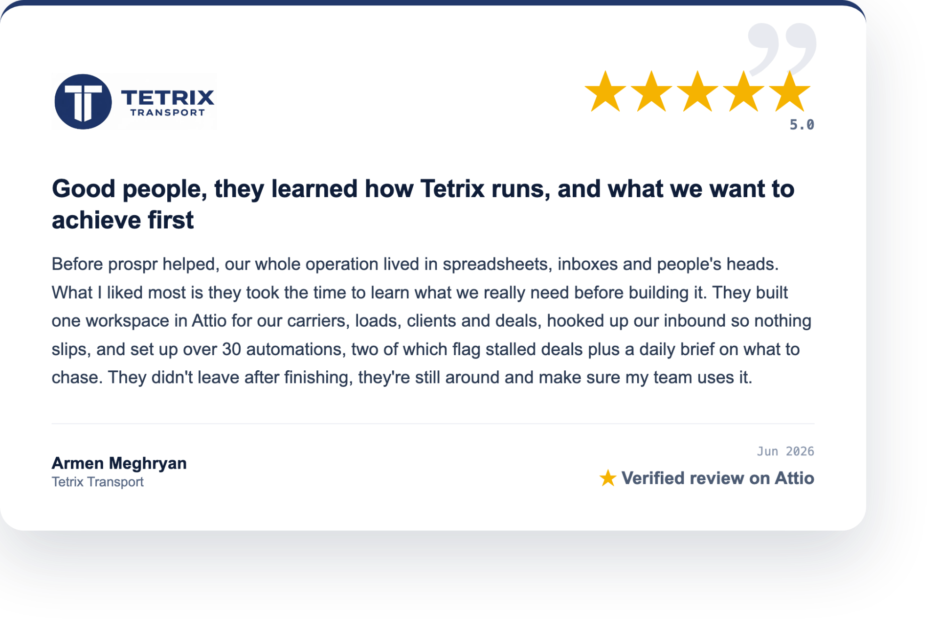 Tetrix Transport, verified 5-star review on Attio